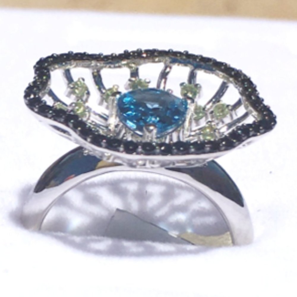 Swiss Blue Topaz .925 Cocktail Ring Peridot Black Spinel Sterling Silver Genuine - Picture 10 of 15